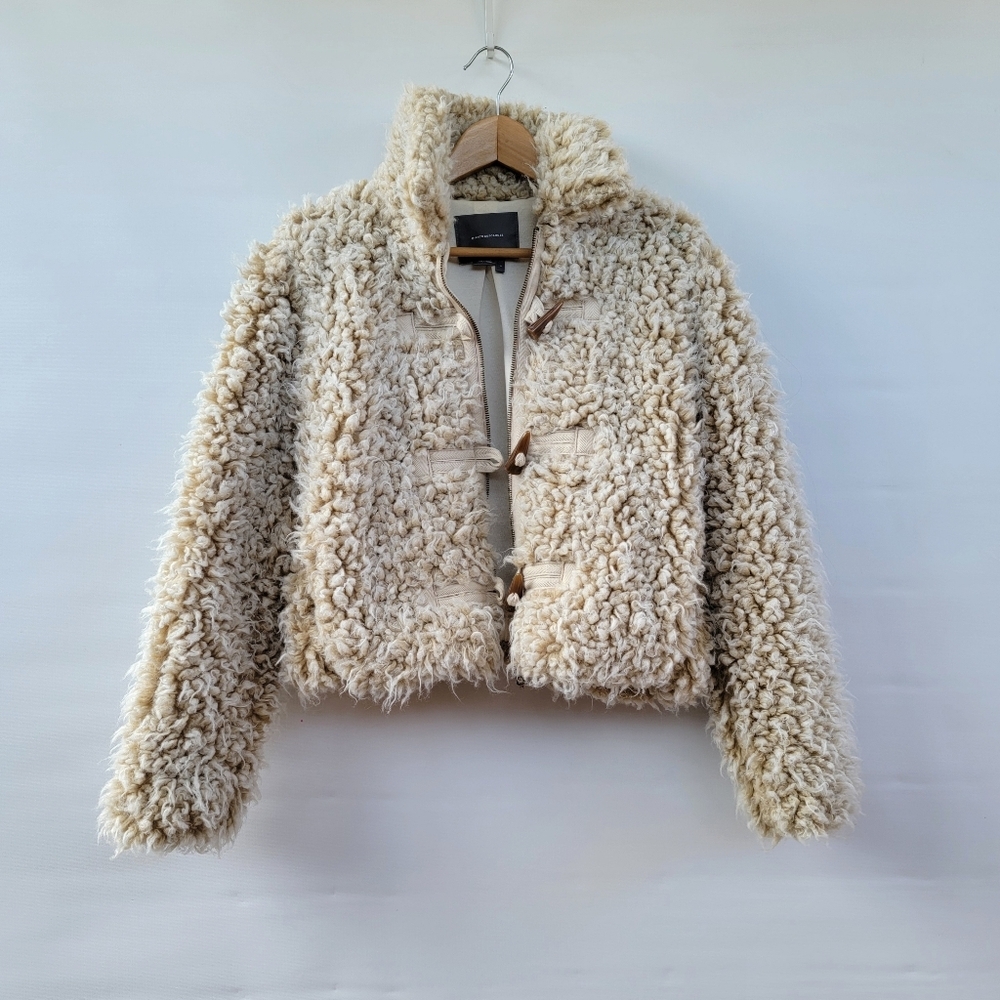 Anthropologie Brenna Shaggy Faux Fur Coat Size Small Boho Toggle Beige Taupe - Picture 2 of 15
